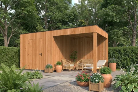 Tuinhuis met overkapping 'KubeLine' - Douglas -  2,8 x 5,9 m